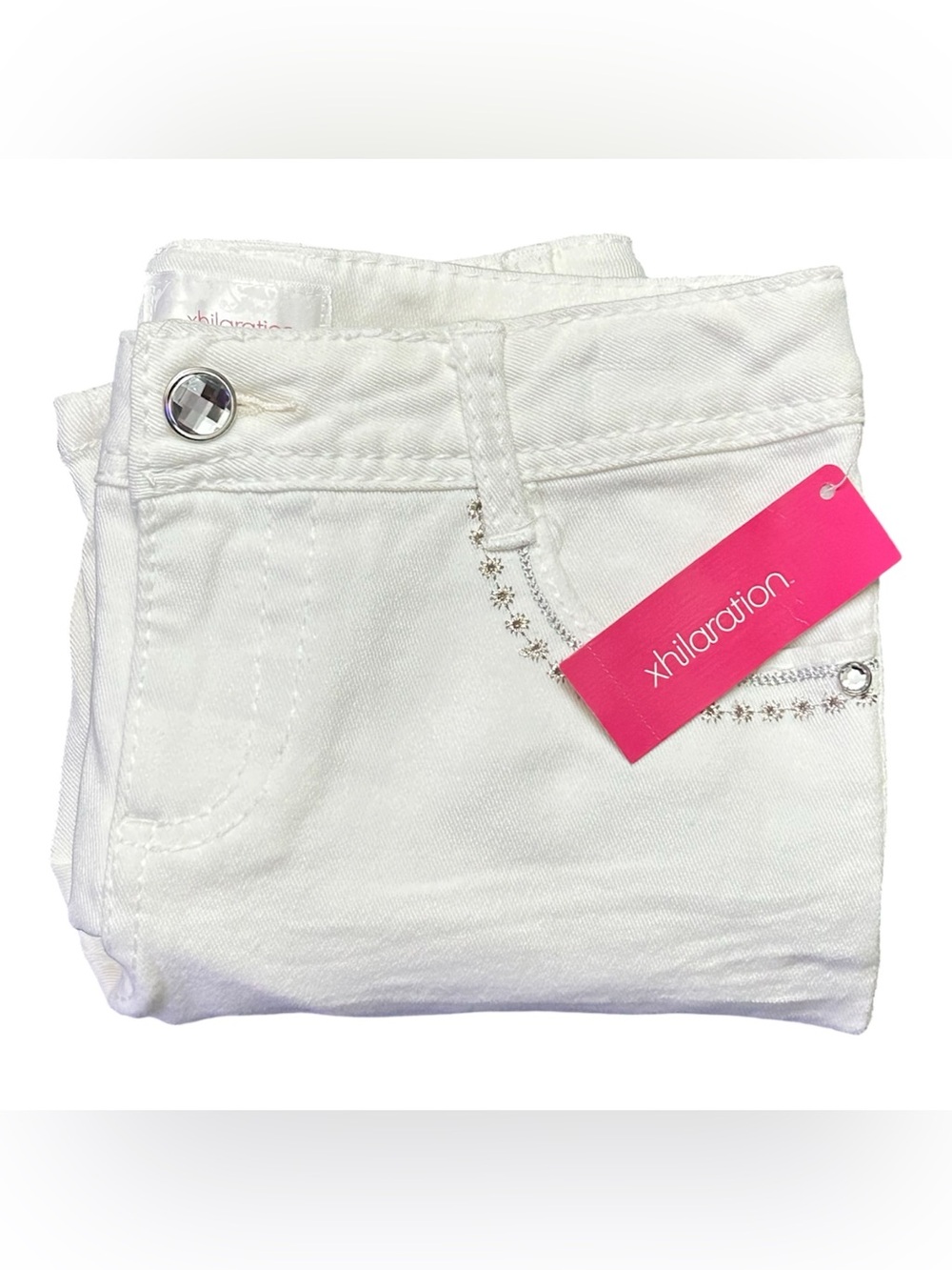 Xhilaration White Jeans with Pink Logo Tag and Rhinestone Button